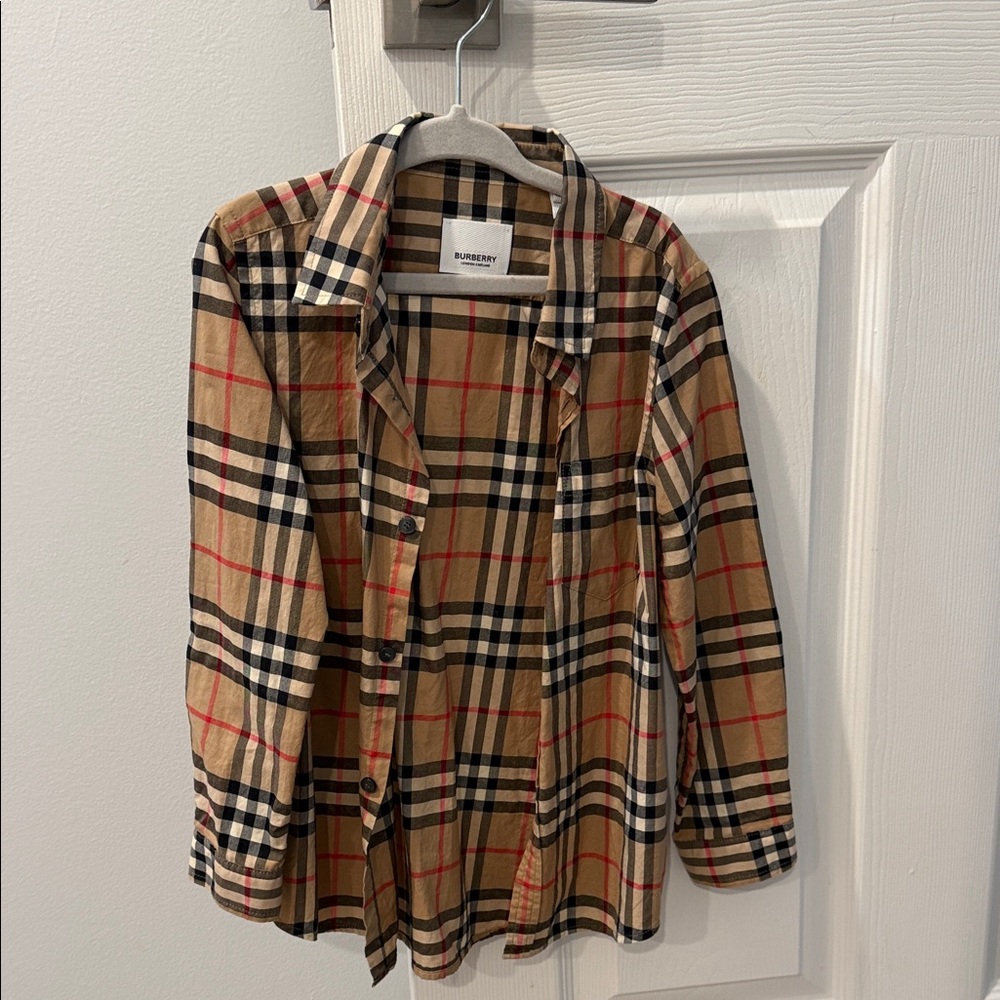 Burberry Kids Tan and Red Plaid Button Down Shirt